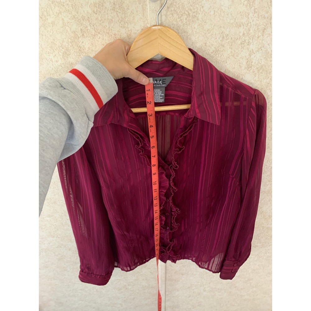 George ME Mark Eisen Dark Raspberry Striped Ruffle Sheer Blouse Size Large - Picture 9 of 14